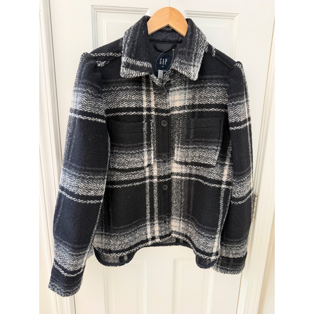 NWT Gap Puff Sleeve Plaid Wool Blend Jacket Black White Medium 779133-01